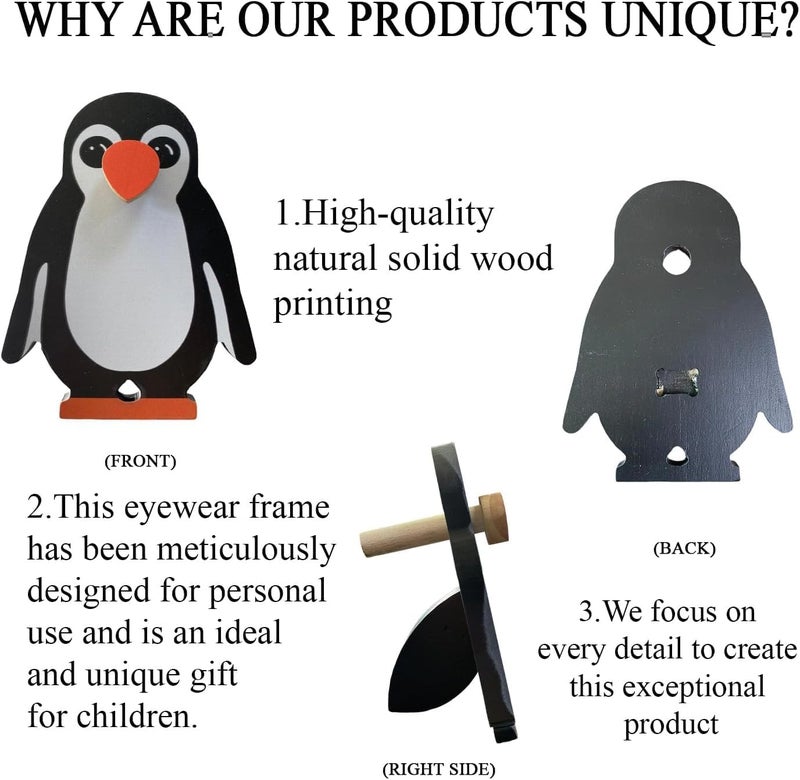 HyeeArt Wooden Animal Glasses Holder , Newsukie - Cute Solid Pine Wood Eyeglasses Stand,Carving Sunglasses Eyeglass Display Stand,Newsukie Creative Gift Glasses Holder for Desk (Flowers Highland Cow) (Penguin-1) - Image 3